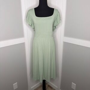 Yesfashion Dress Women 2XL Green Ruffle Sleeve Square Neck Ribbed Knit Midi